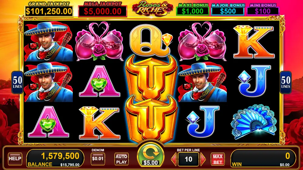 Bull Rush pokie base game with Mariachi, guitar and fan symbols on 5 reels